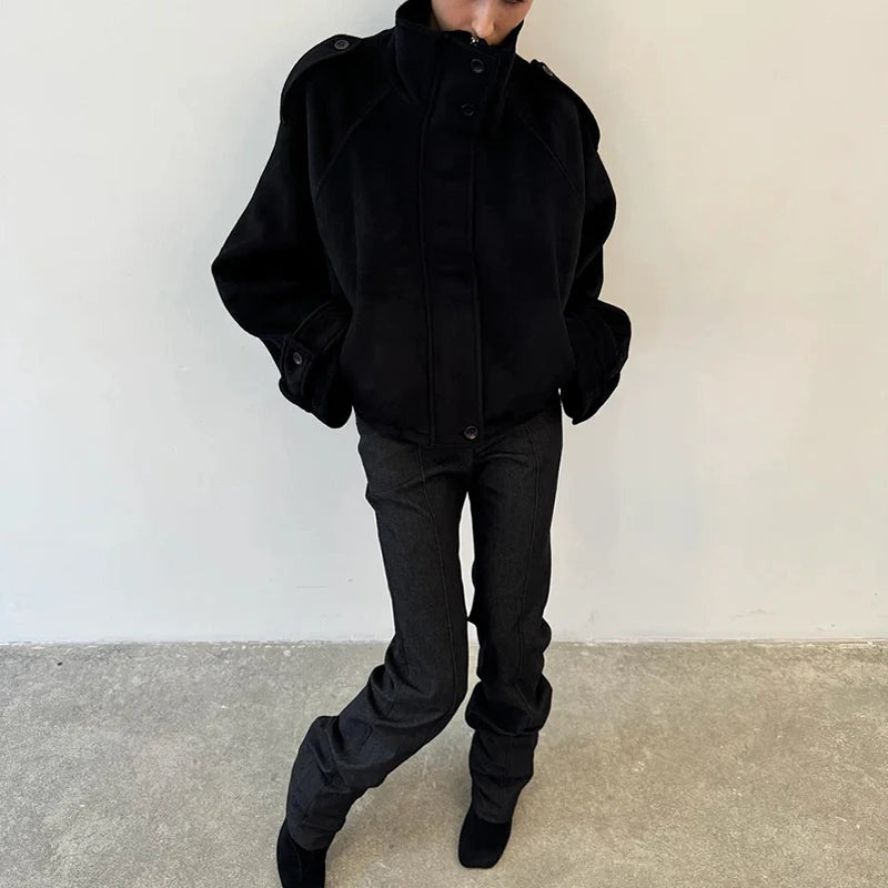 Elegant Women's Short Woolen Coats Stand Collar Double Breasted Long Sleeve Female Jacket 2025 Autumn Winter Lady Warm Outwear