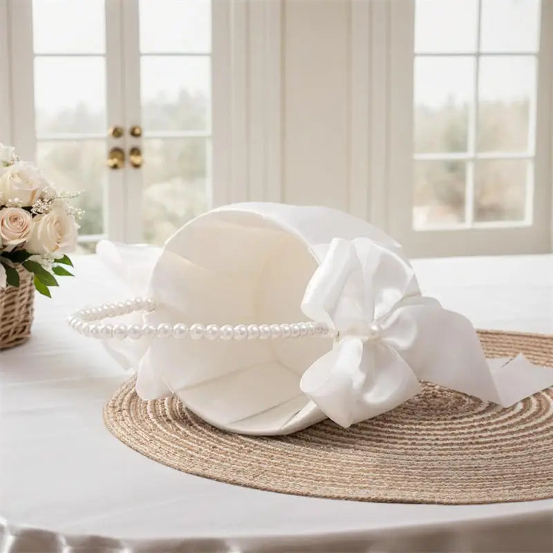 1-2pcs Pearl Handle Flower Basket Satin White Western Rustic Bowknot Wedding Basket Foldable Flower Basket For Floral Petals