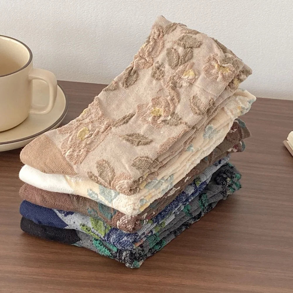 5 Pair Cute Print Socks For Women Long Autumn Winter Fashion Versatile Casual Ethnic Style Vintage Women's Socks Set 2025 New