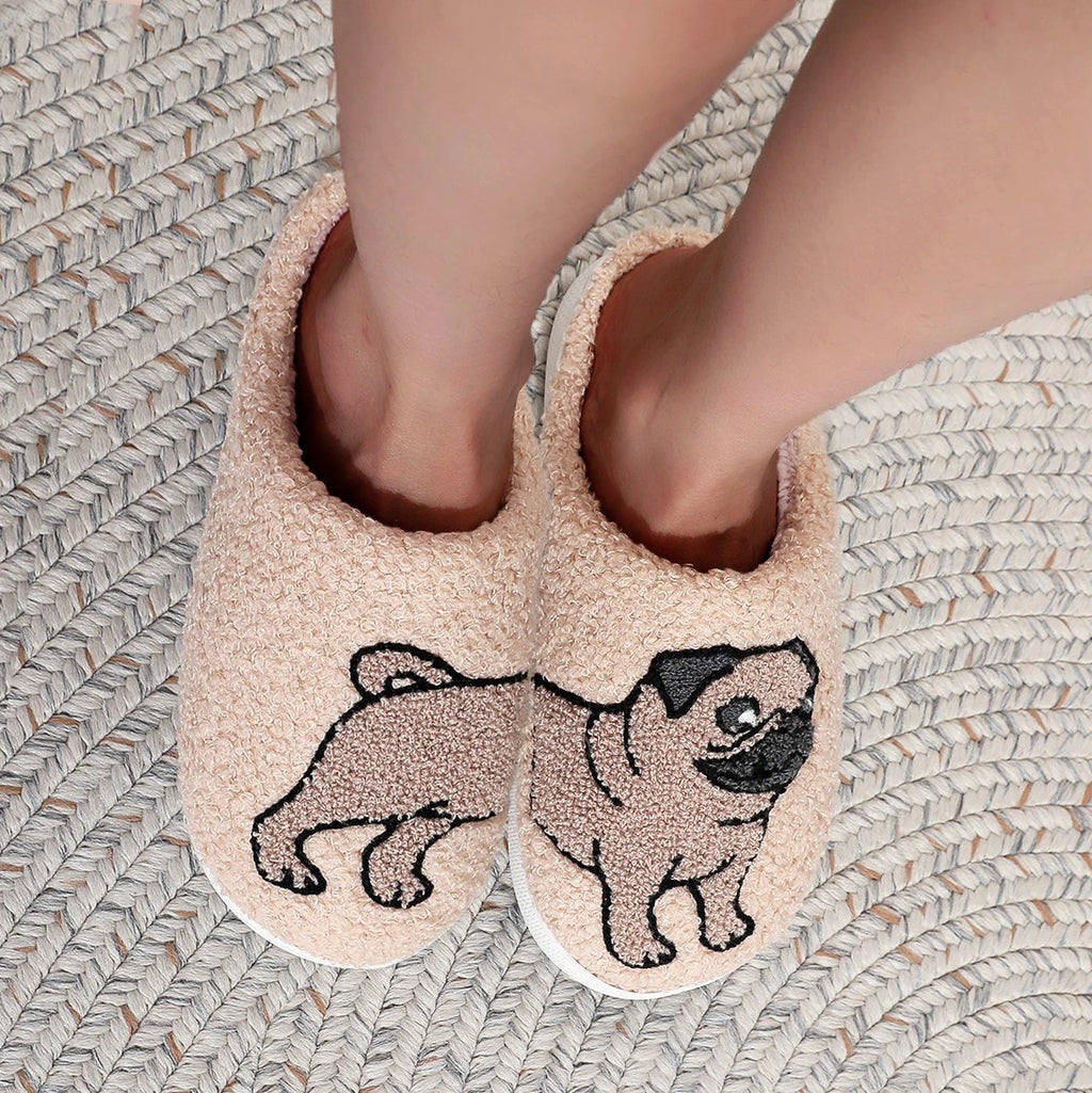Pet Pattern Pug Pug Pug Embroidered Plush Home Thick-Soled Comfortable Woolen Cotton Slippers Cute Warm Non-Slip Indoor Slippers Pet Mom Gifts for Men and Women Can Wear