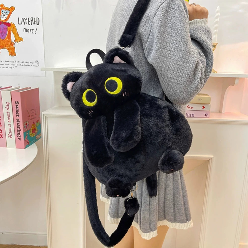 33cm Kawaii Big Eyes Cat Plush Toy Black Backpack Cute Large-capacity Stuffed Animal Bag Boys Girls Women Soft Toy Backpack Gift