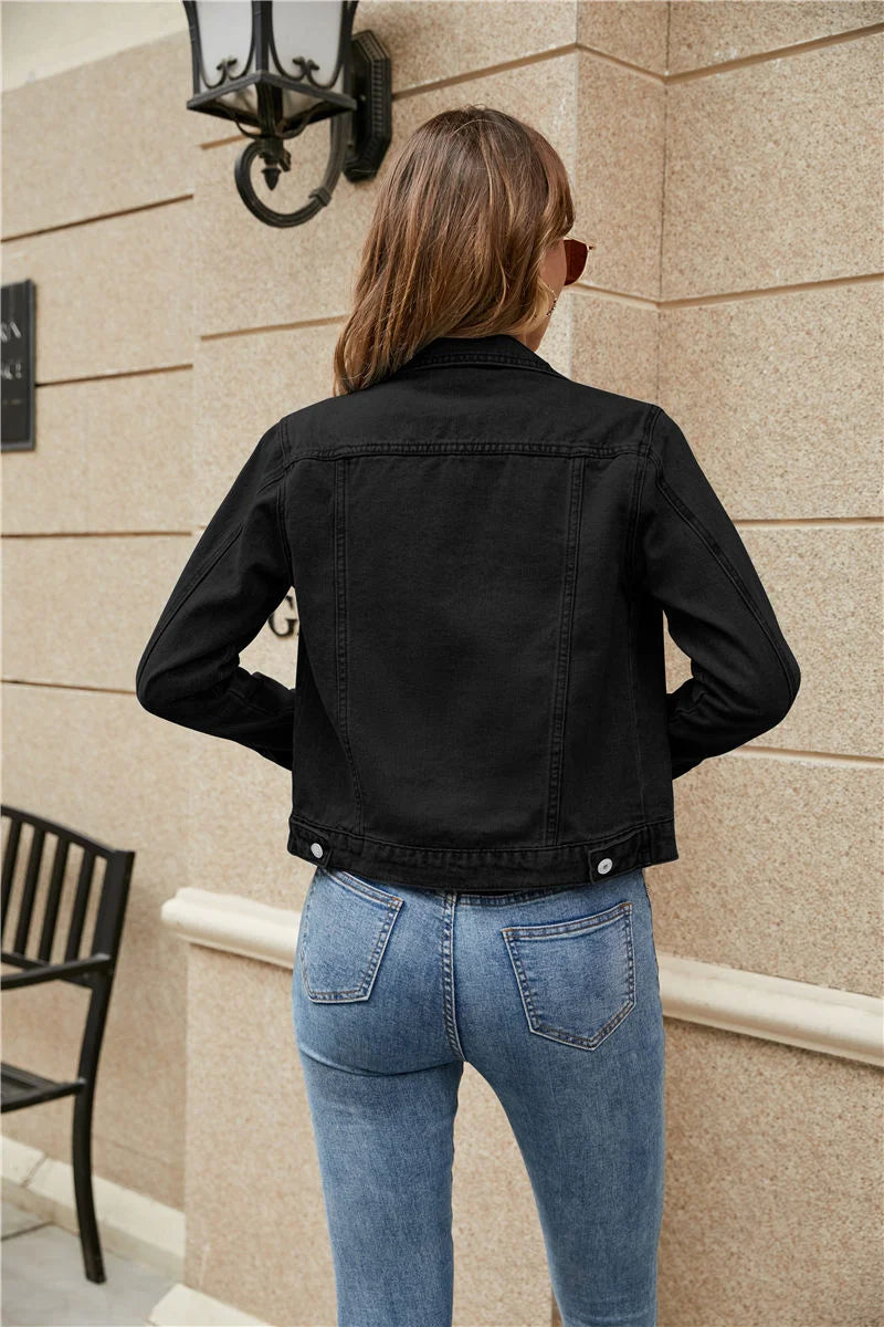 2023 Women's Short Denim Jackets Fashion Female Casual Long Sleeve Lapel Solid Button Pocket Slim Jean Jacket Fall Winter Coat