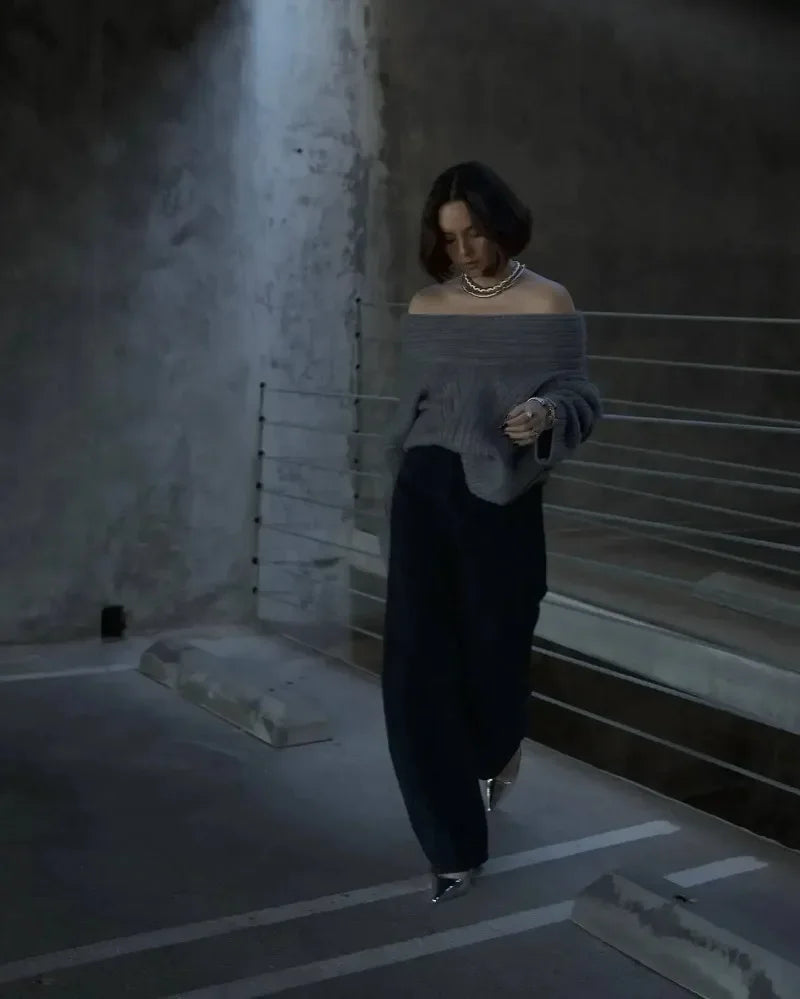 Tuularose Women's Off-Shoulder Sweater Fashion Loose Casual Brown Retro Pullover Spring High Street Office Lady Tops Knitwear