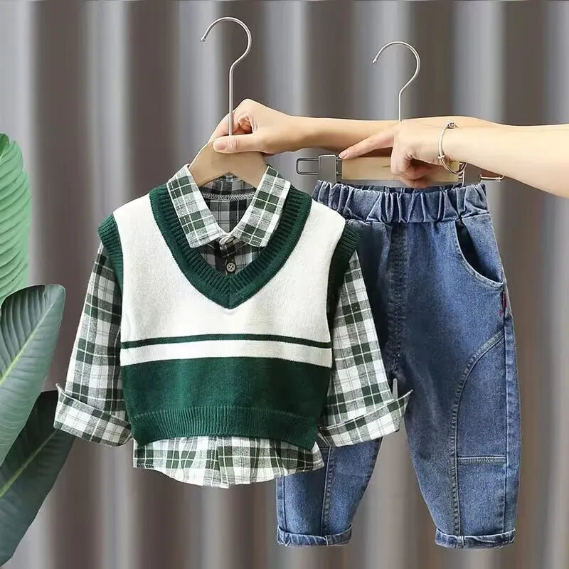 Boys' Baby Autumn Suit 2024 New Children's Fashionable Clothes Spring and Autumn Vest Shirt Jeans 3 Piece Set