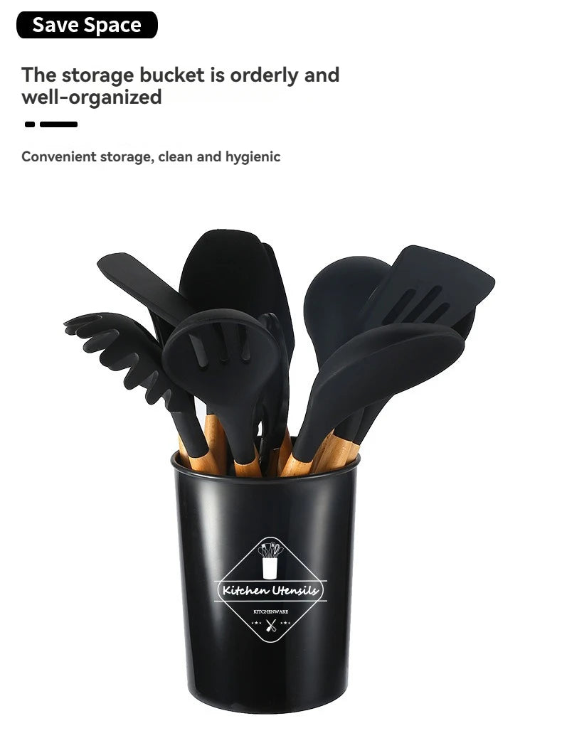 Kitchen Tools Set Wooden Handle Nonstick Pan Food Grade Cooking Silicone Storage Kit Stir Fry Baking Kitchen Set