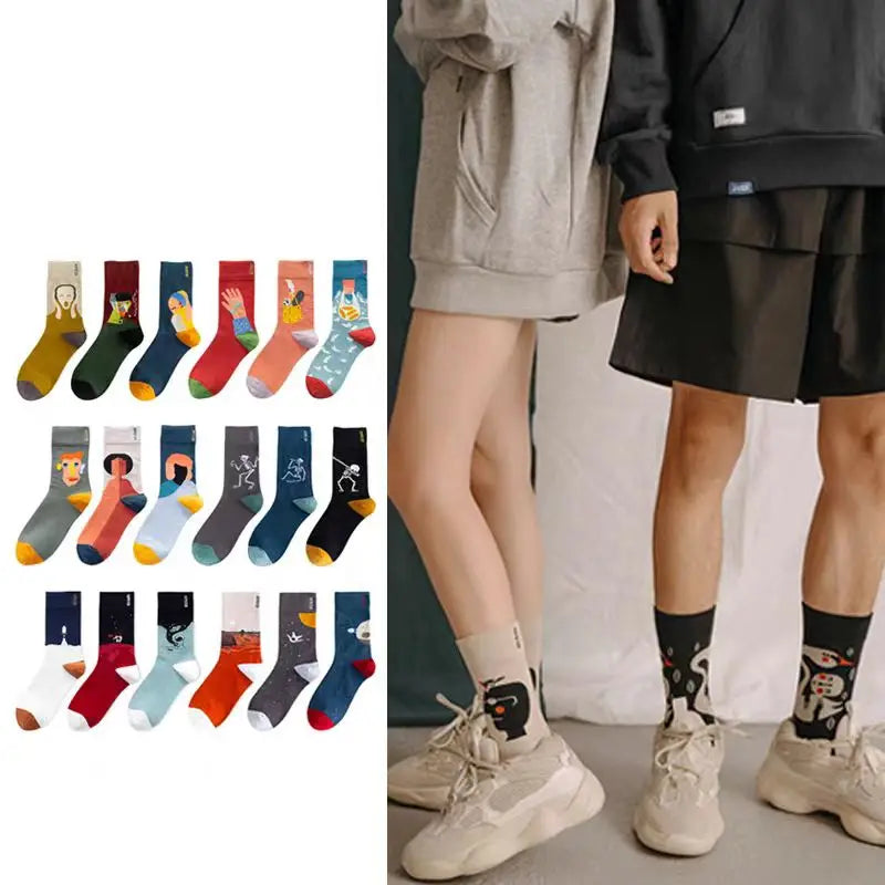 Colorful Funny Cotton Men Crew Socks Hip Hop Novelty Painting Style Skate Street Designer Harajuku Gift Happy Black Yellow Cool