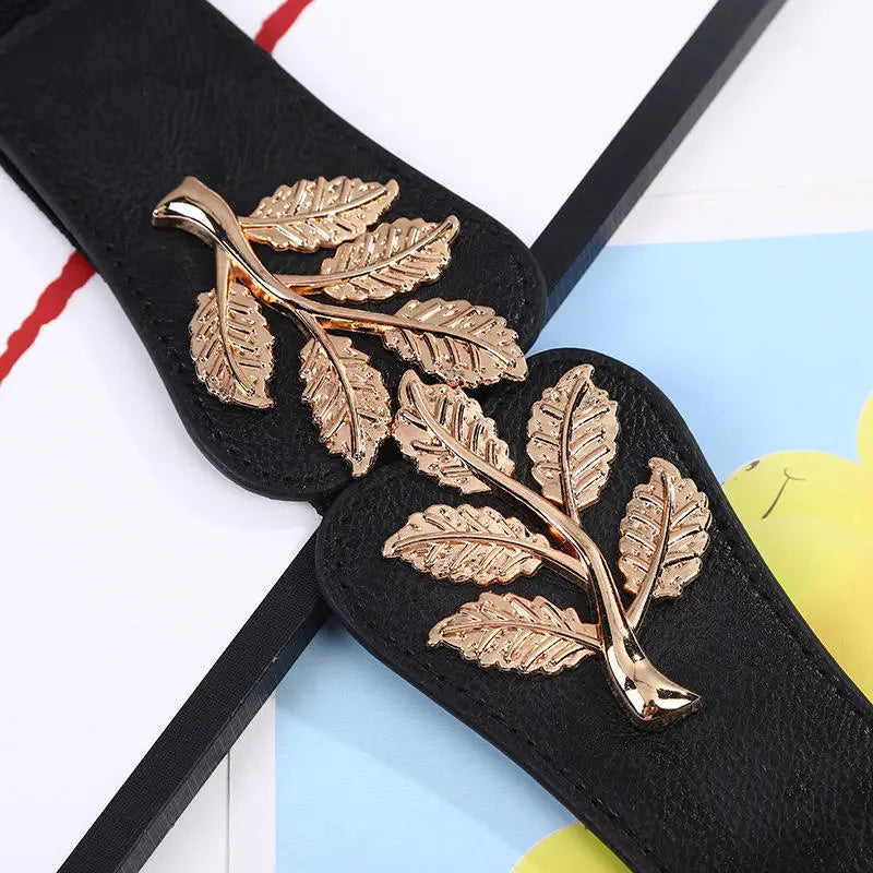 Women's Waist Cover Fashionable Gold Leaf Elastic Waist Closure With Double Hook Buckle Wide Belt Paired With Skirt Women Belt