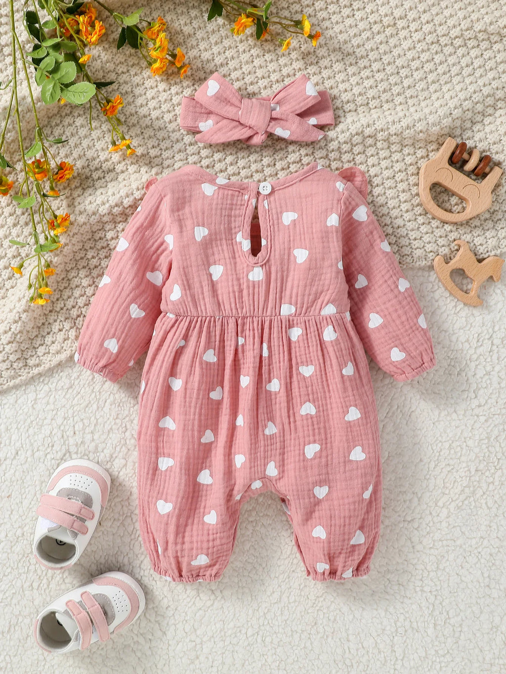Baby Girl's All Seasons Long Sleeve Print Floral With Bow Daily Jumpsuit For Newborn-6M Clothes +Headband