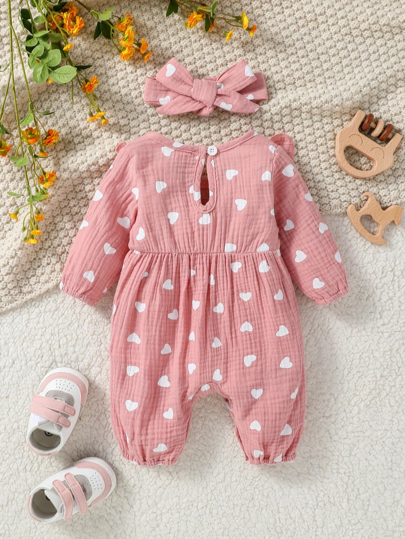 Baby Girl's All Seasons Long Sleeve Print Floral With Bow Daily Jumpsuit For Newborn-6M Clothes +Headband