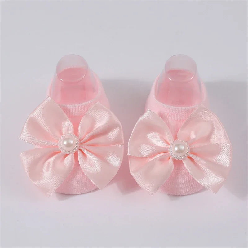 Baby Pearl Bow Solid Color Floor Socks Newborn Infant Knitted Breathable Socks Sweet Cute Girls Princess Children Birthday Gifts