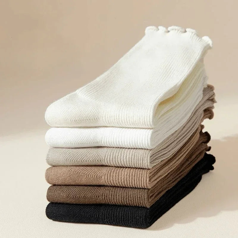 Fashion New Ruffle Socks for Women Mid Crew Middles Tube Ankle High Breathable Cotton Socks Black White Beige Female Cute Sock