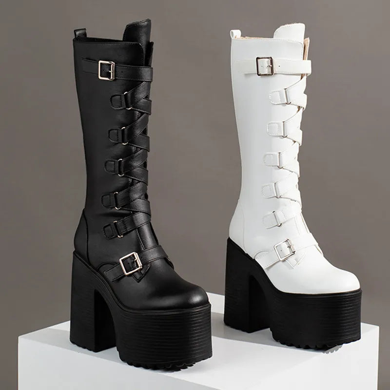 Platform Knee High Boots Women Autumn Winter Punk High Heels Zipper Black White Boot Sexy Buckle Party Goth Shoes Large Size