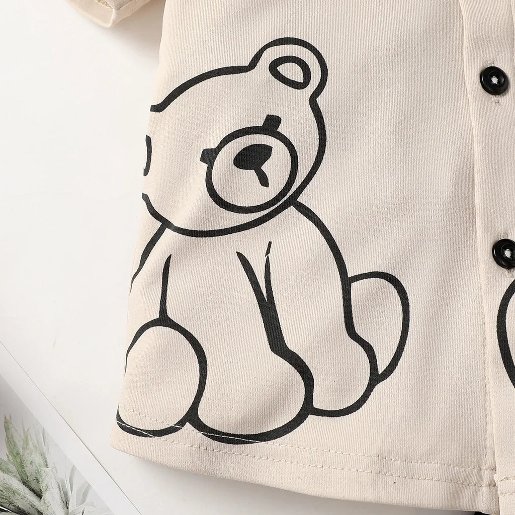 2PCS Child Boy Clothes Set Bear Print Button Style Short Sleeve Top+Shorts Fashiona Birthday Party Outfit For Kid Boy 1-6 Years