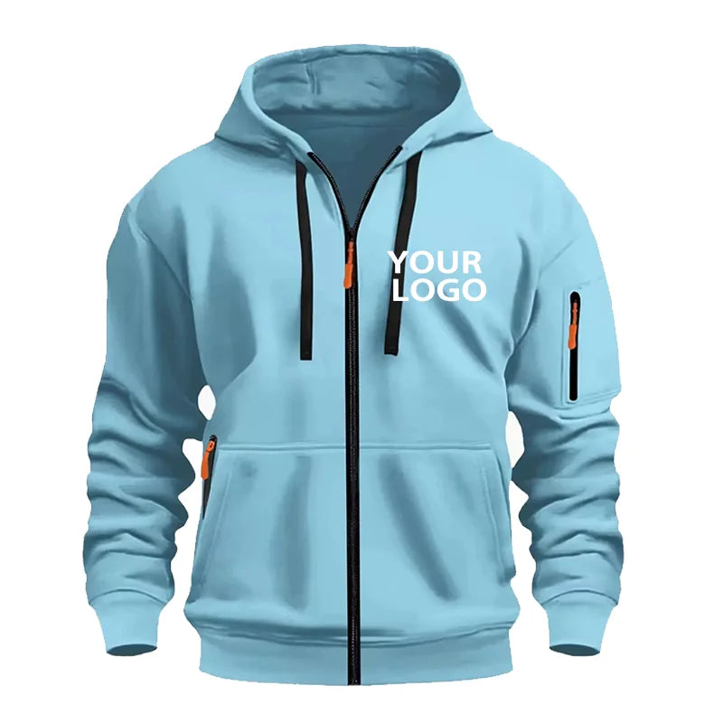 DIY Custom Logo Men's Casual Sports Hoodie Full-Zip Pocket Sweatshirt Fashion Arm Pocket Outdoor Long-Sleeve Pullover Hoodie