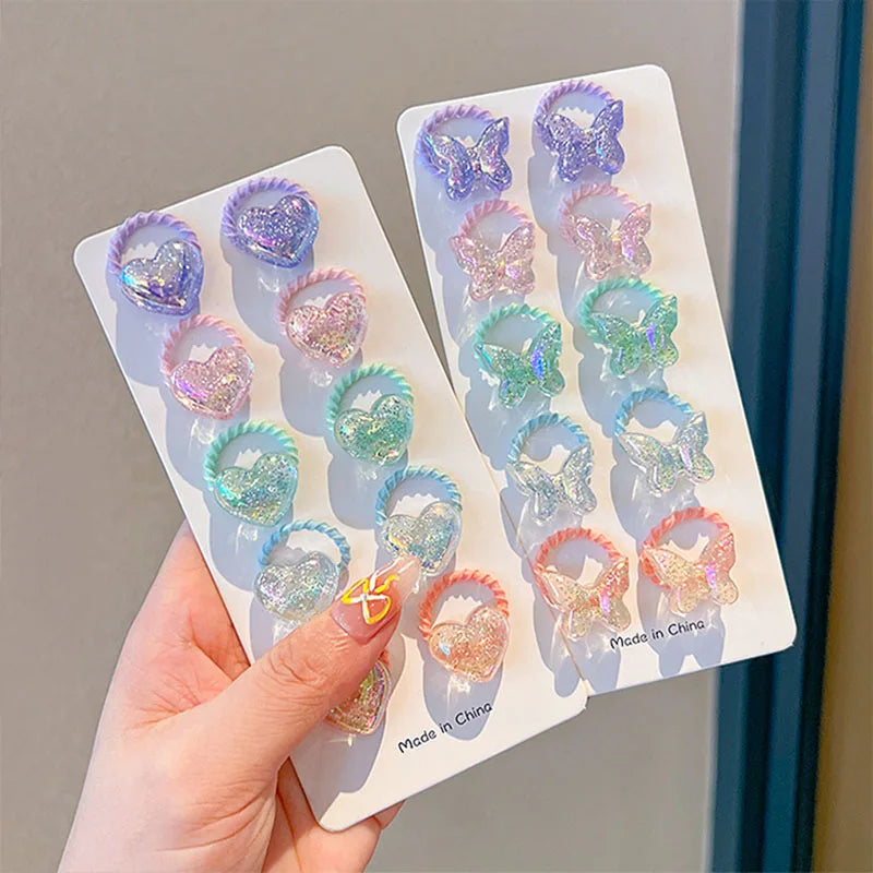 10PCS/Set Shiny Butterfly Baby Girl Hair Ropes Cute Heart Star Elastic Rubber Bands Ponytail Headflower Princess Kids Headwear