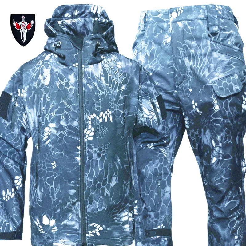 Tactical Winter Set Men's Outdoor Windproof Waterproof Suit Multi-Pocket Soft Shell Hooded Jackets Sharkskin Work Pants