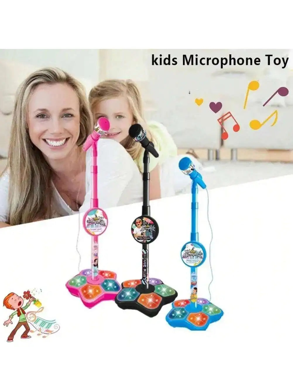 Children Singing Microphone Toy with Music Speaker Stand Light Up Karaoke Instrument for Kids Children Birthday Gift