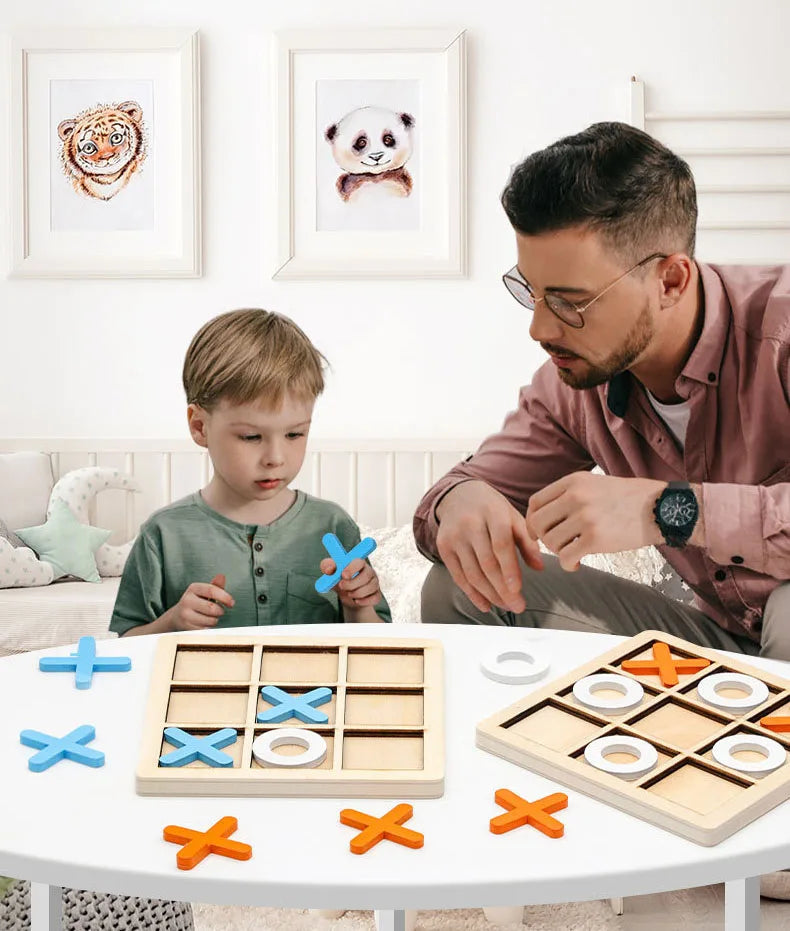 Montessori Chess Play Jigsaw Toy Game Wooden XO Tic Tac Toe Game Interaction Puzzles Training Brain Learning Early Education Toy