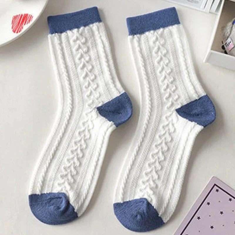 Women's Socks Warm Socks In Autumn and Winter Blue Socks Students High-top Striped Checkered Sports Stockings