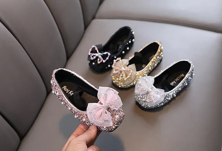 Girls Princess Shoes Glitter Luxury Party Shallow Children Ballet Flats 21-36 Elastic Band Fashion Lace Bowknot Kids Dance Shoes