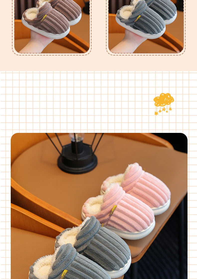 Winter children's cotton slippers for boys and girls, anti slip and warm bags, and parent-child fuzzy and plush home baby cotton