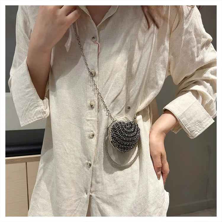 Luxury Mini Diamond Inlay Heart Shape Crystal Clutch Purse Stones Evening Wedding Party Shoulder Bag Handle Rhinestone Handbags