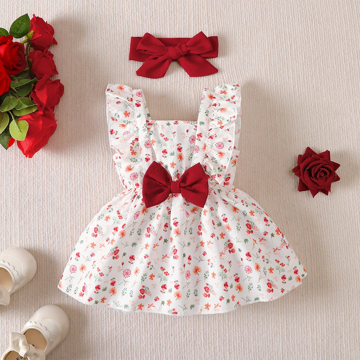 0-24 Months Baby Girl Bress with Small Floral Ruffle Edge Sleeveless Dress+Headband 2Pcs/Set Cute Baby Girl Summer Dress