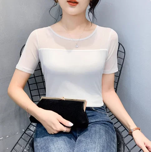 Autumn Winter Round Neck T shirt Women Sexy Mesh Bottoming Shirt Long Sleeve Solid Color Slim Fit Long Sleeve Casual Tops
