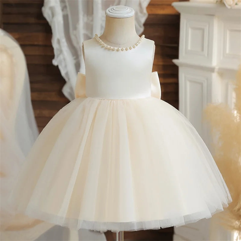 Flower Girl Dresses for Wedding Kids Backless Tulle Tutu  Princess Prom Party Clothes Baby 1st Birthday Baptism White Dress