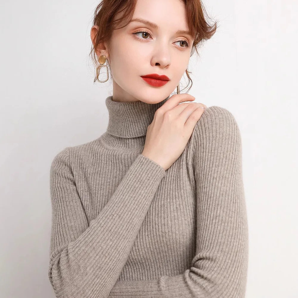 Autumn and winter new Korean slim fit women's pullover sweater knitted sweater pull up women's high neck sweater women