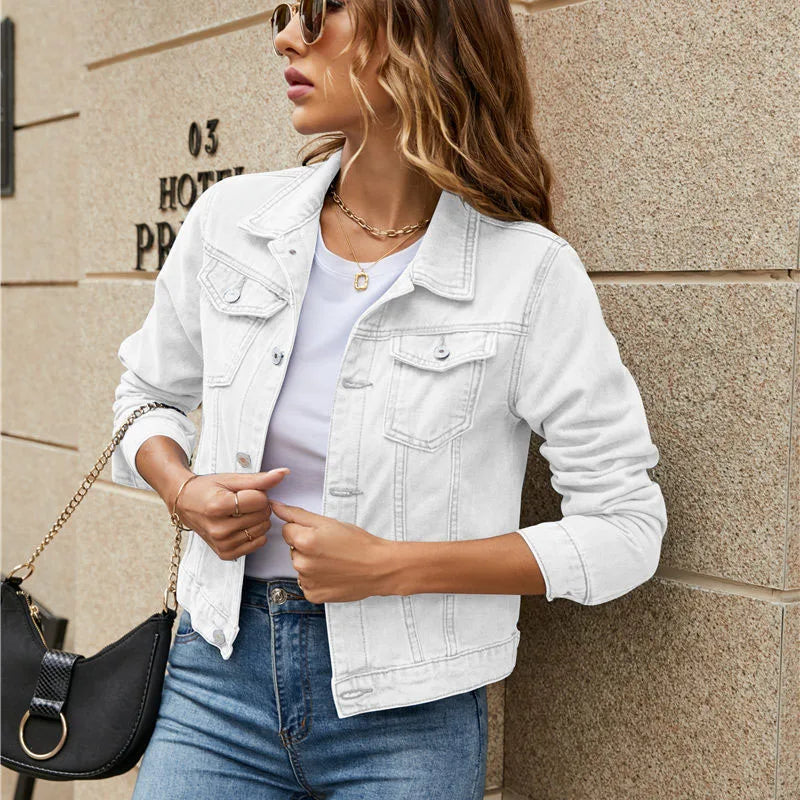 2023 Women's Short Denim Jackets Fashion Female Casual Long Sleeve Lapel Solid Button Pocket Slim Jean Jacket Fall Winter Coat