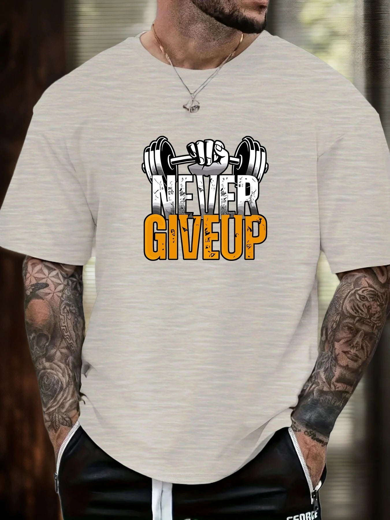 Men's Gym T-shirt Never Give Up Print Short Sleeve Soft Oversized Fitness Daily Wear