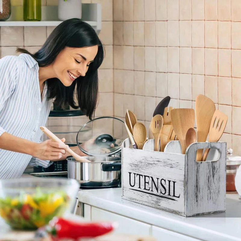 1pc Kitchen With Compartmentalized Cutlery Storage Rack, Rustic Style Wooden Countertop Organizer, Kitchenware Accessories
