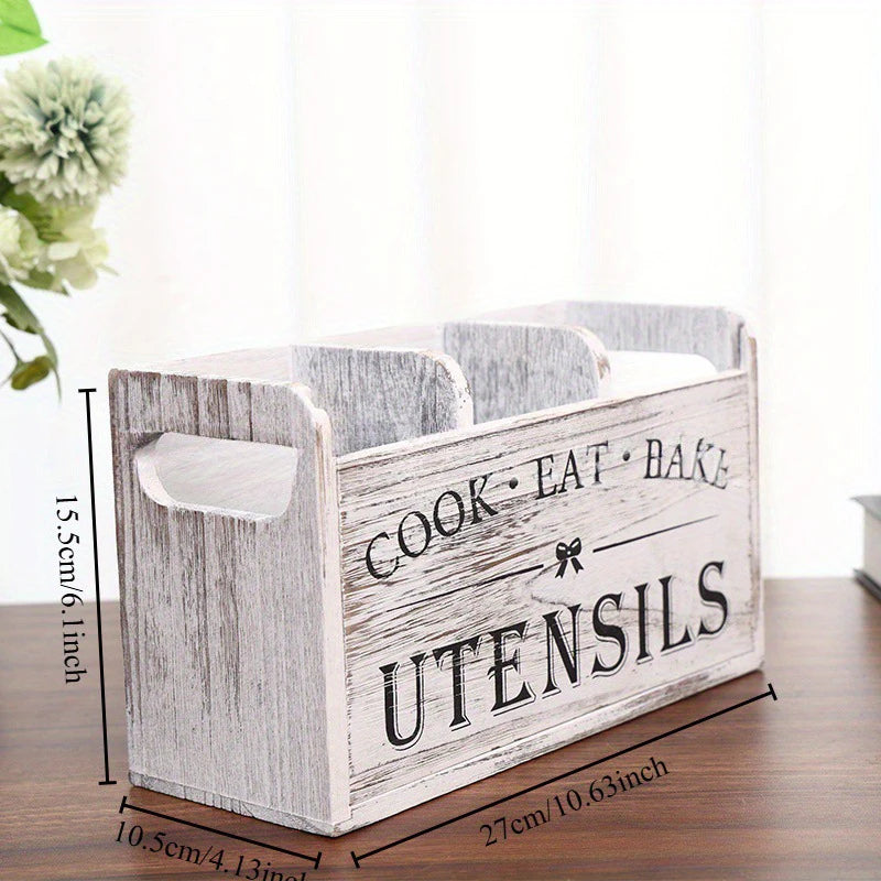 1pc Kitchen With Compartmentalized Cutlery Storage Rack, Rustic Style Wooden Countertop Organizer, Kitchenware Accessories