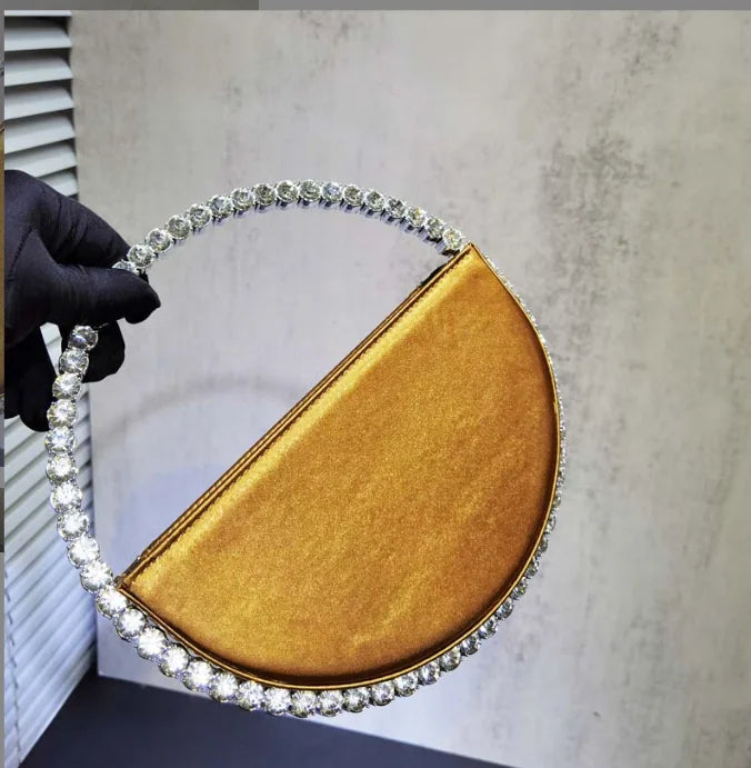 Lady Blue/Pink Diamond Circular Evening Bag Women Fushia Round Handle Rhinestone Dinner Clutch Purse Ladies Half Moon Handbags