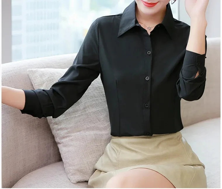 Elegant Women Shirts Woman White Shirt Long Sleeve Blouse Office Lady business Pink Shirts Button Solid Women work Blouses Tops