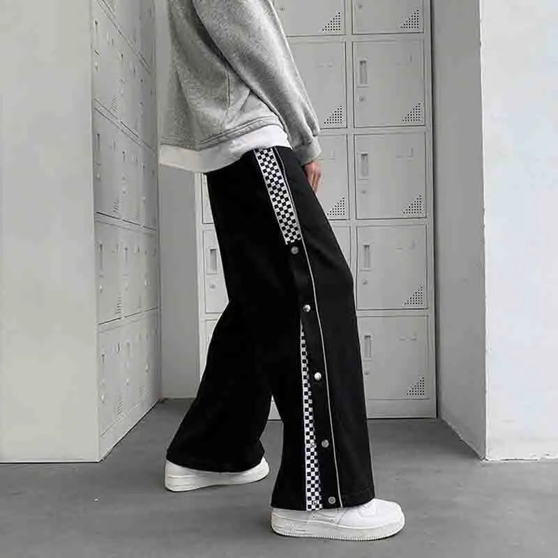 Split Reflective Stripe Casual Pants Unisex Trendy Patchwork Button Pants Spring Summer Straight Loose Sports Pants