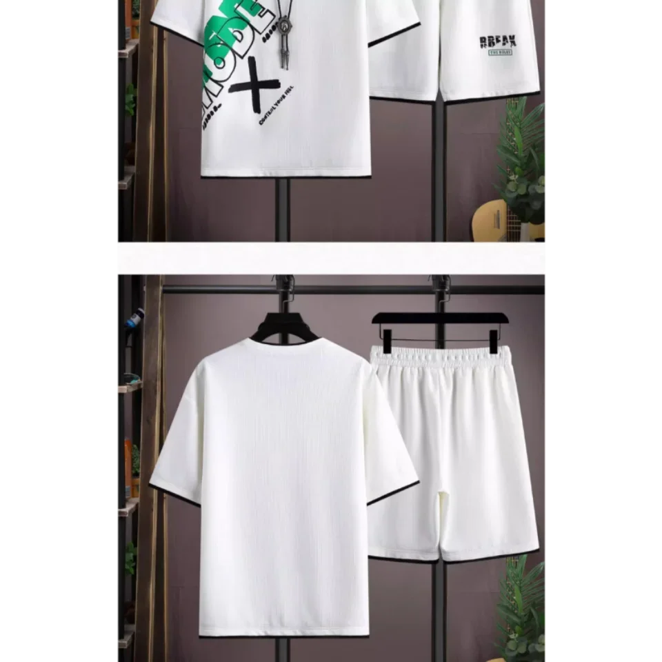 Summer Casual Short Sleeved Set Trendy Loose Five Inch T-shirt Plus Size Men's Outfit Complete Set with Matching