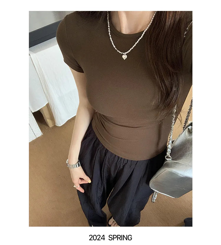 Women's Basic Solid Crop Top Short Sleeve Crewneck Skinny T-shirt Summer Casual Y2K Vintage Harajuku Streetwear