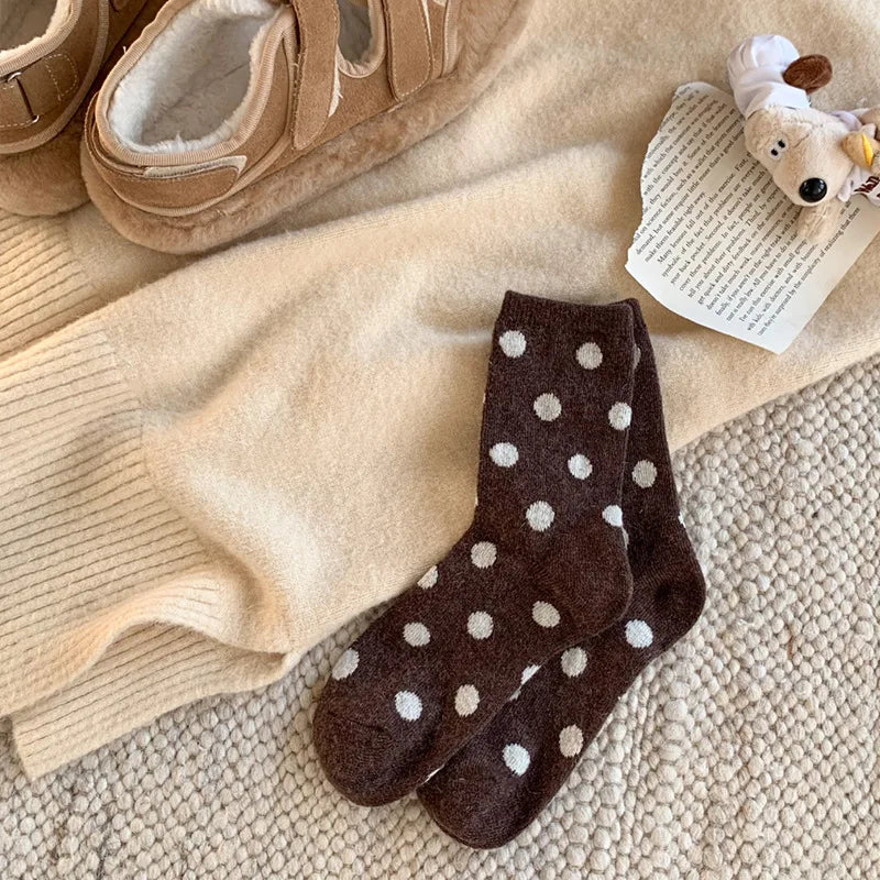 Socks for Women Autumn Winter Thick Warm with Polka Dot Black Maillard Velvet Coffee Mid-tube Socks