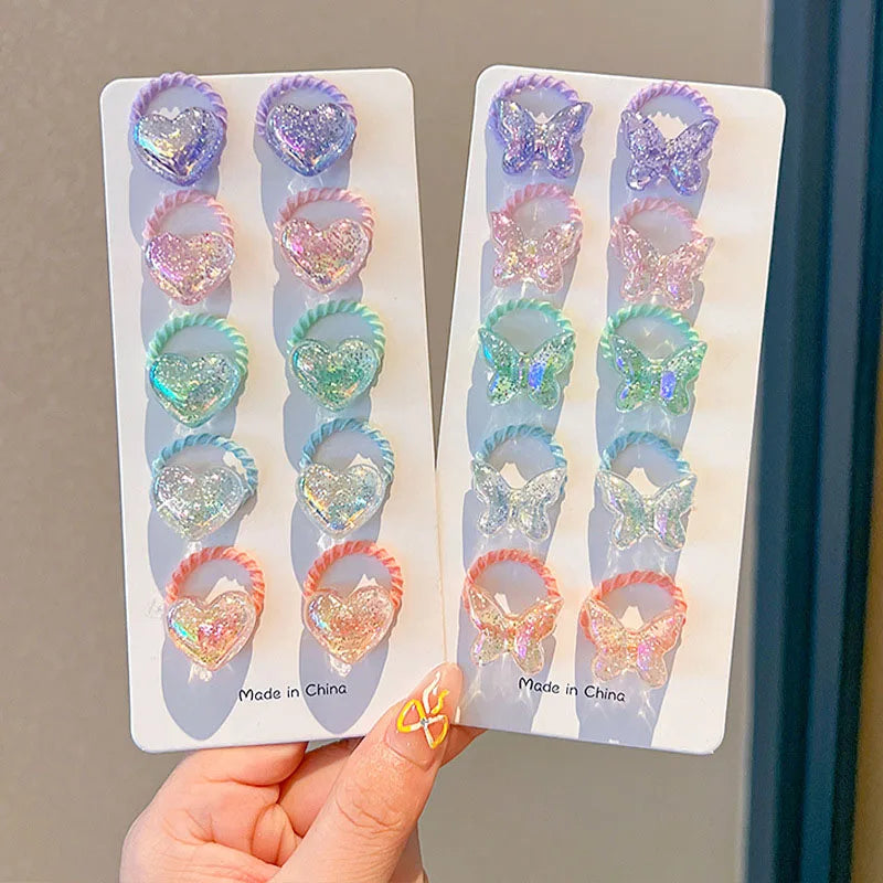 10PCS/Set Shiny Butterfly Baby Girl Hair Ropes Cute Heart Star Elastic Rubber Bands Ponytail Headflower Princess Kids Headwear