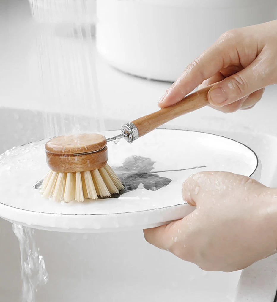 Bamboo Kitchen Cleaning Brush Natural Dishes Pots Pans Sink Washing Brush Eco-friendly Clean Scrubber with Draining Storage Tray