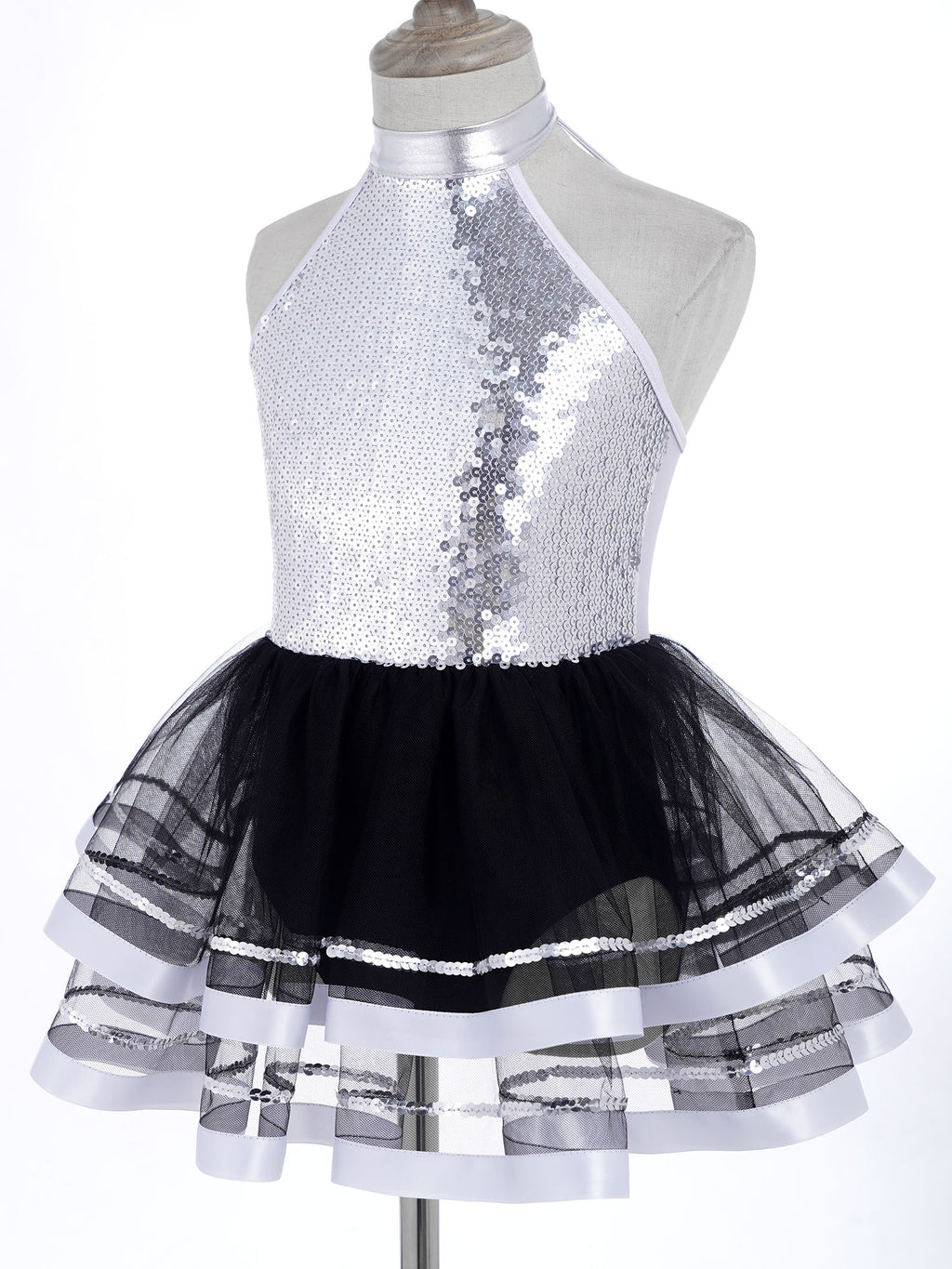 Jazz Dance Costume Kids Halter Shiny Sequins Gymnastics Unitards Dress Girls Ballet Leotard Tutu Stage Performance Clothing