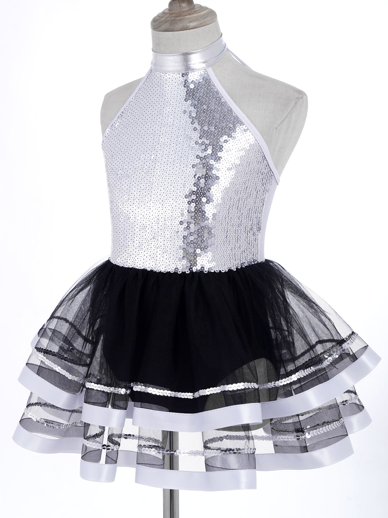 Jazz Dance Costume Kids Halter Shiny Sequins Gymnastics Unitards Dress Girls Ballet Leotard Tutu Stage Performance Clothing