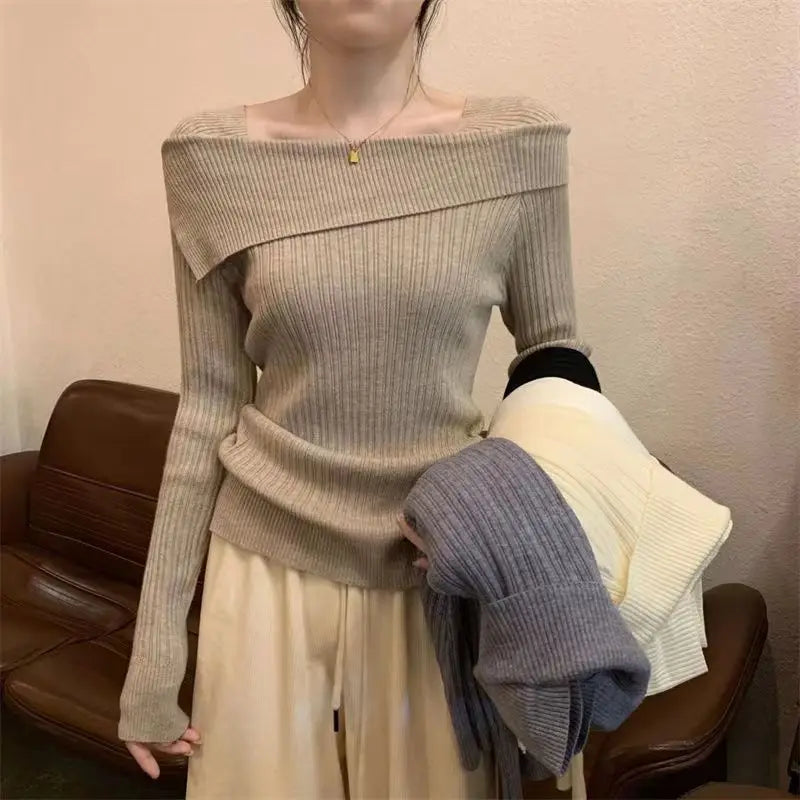 Solid Sexy Slim Off Shoulder Slash Neck Long Sleeve Knitting Sweater  Women Jumpers Office Fashion New