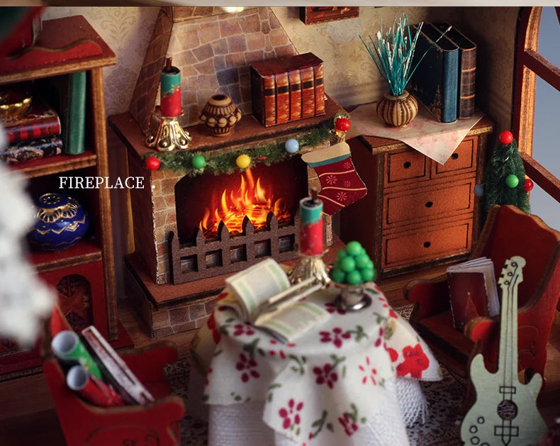 Christmas Night Warm House - Miniature Dollhouse DIY Kit with Music Box, Desktop Decor, Creative Gift (English Color Box)