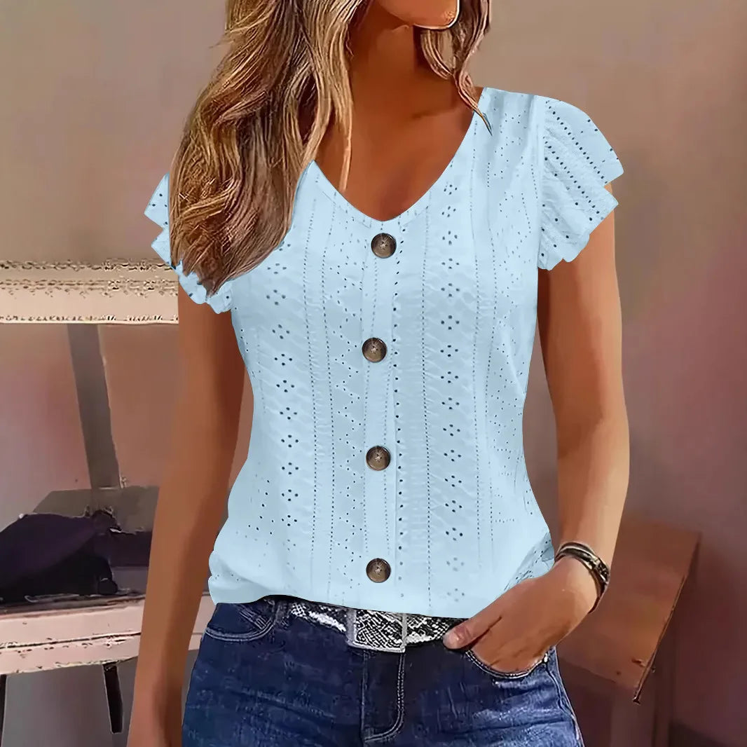 2025 Women's Sexy Tops Casual Solid Color V Neck Short Sleeve Shirts Summer Women's Button Casual Ladies Loose Fashion Blouses