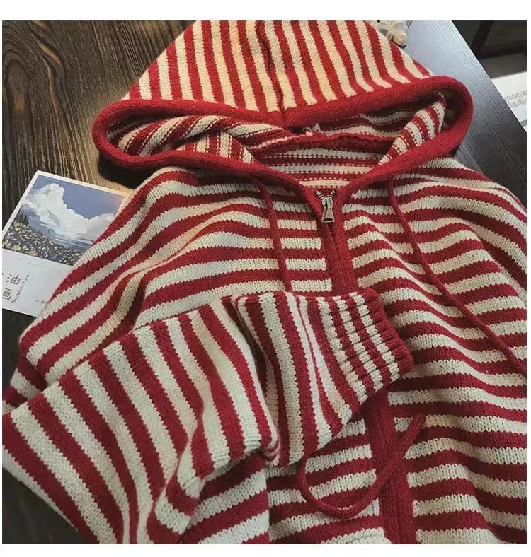 Oversized Knitted Striped Hooded Cardigan Women Autumn Winter Loose Casual Zipper Sweaters Versatile Knitting Outerwear