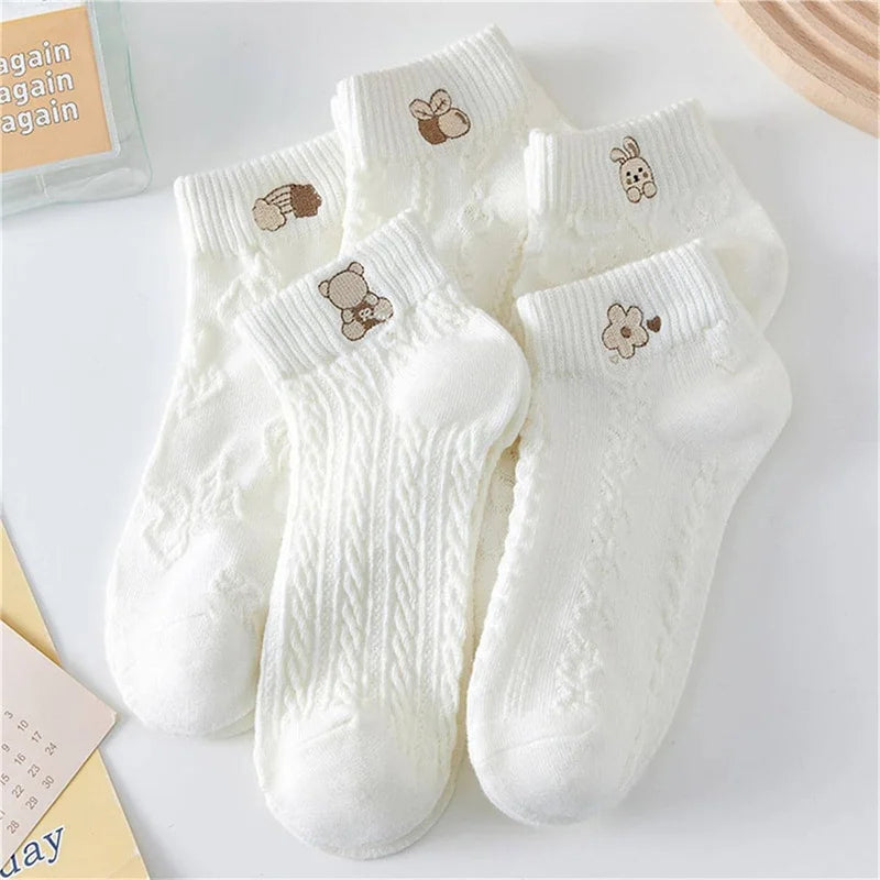 5pairs Women Socks Spring Summer Cute Bear Rabbit Rainbow Print Ankle Socks Casual Short Socks