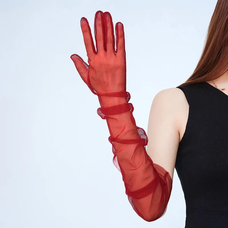 Women Long Sheer Tulle Gloves for Bridal Wedding Accessories Party Transparent Finger Gloves